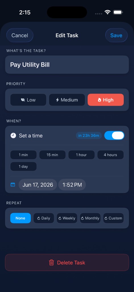 Task detail with repeat and reschedule