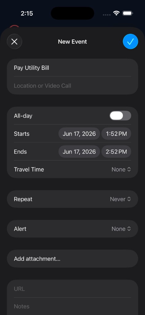 Edit task screen