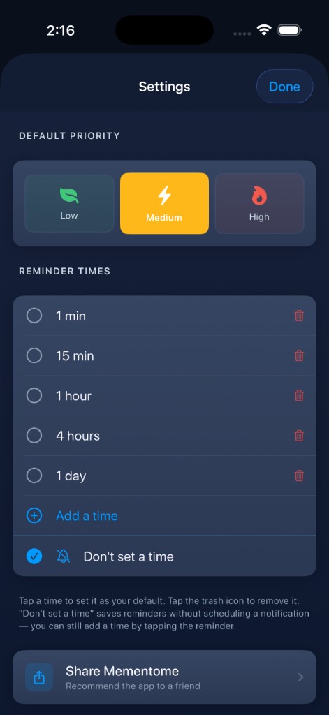 Settings screen