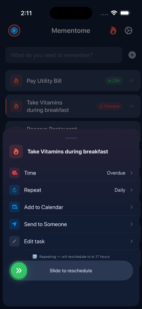 Task detail sheet with slide to complete